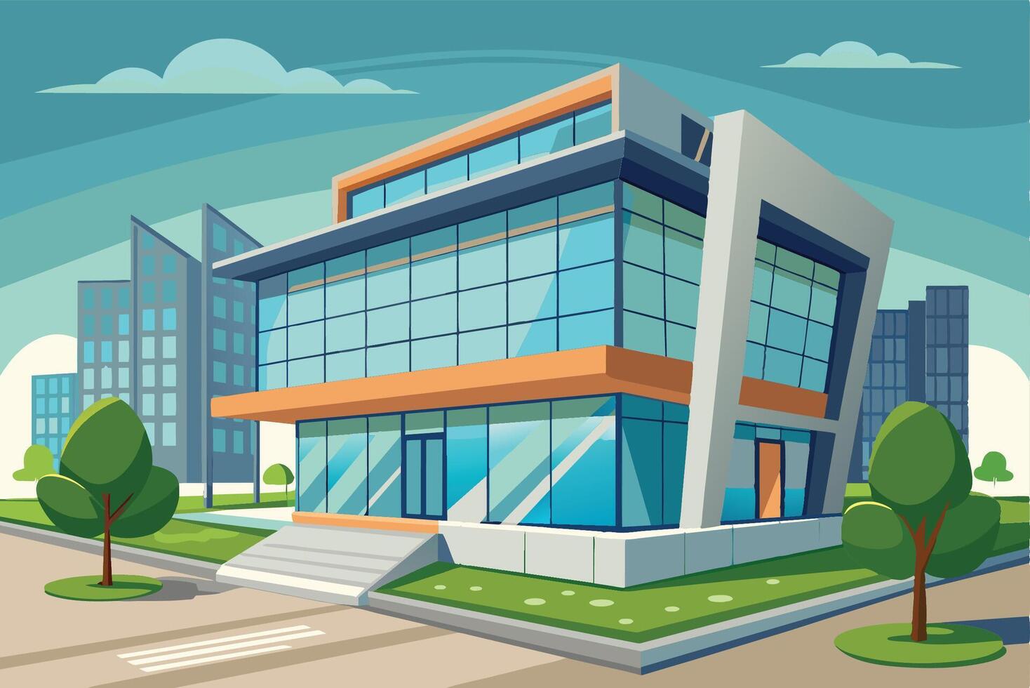 Modern glass building with orange accents situated on a busy urban street during a bright day with blue skies and fluffy clouds vector