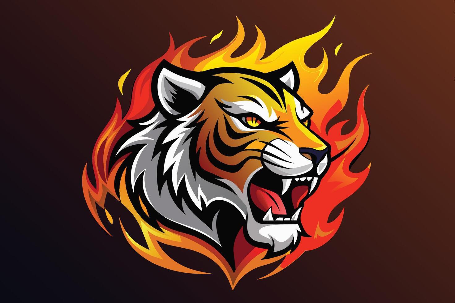 A fierce tiger roaring amidst flames, showcasing strength and intensity in a bold artistic design vector