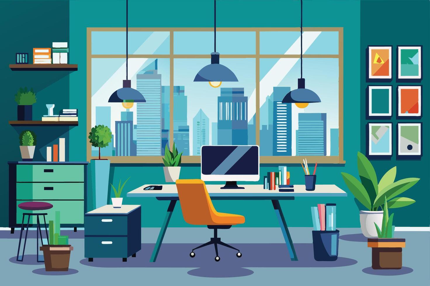 A modern office workspace with large windows overlooking a city skyline, featuring plants and stylish furniture during daylight vector