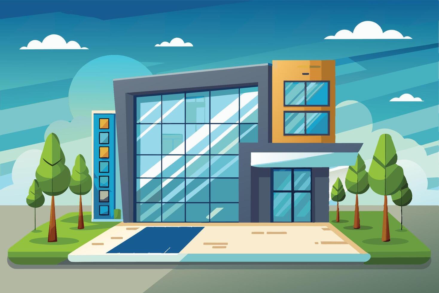 Modern architectural design of a glass building with landscaped surroundings and swimming pool under a cloudy sky vector