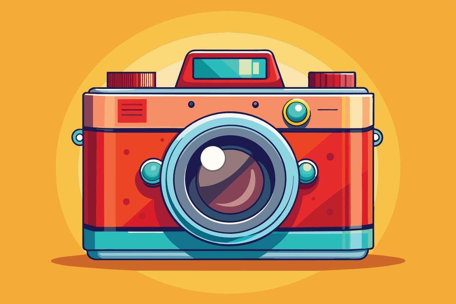 Colorful retro camera illustration against a bright yellow background showcasing playful design and vibrant features vector