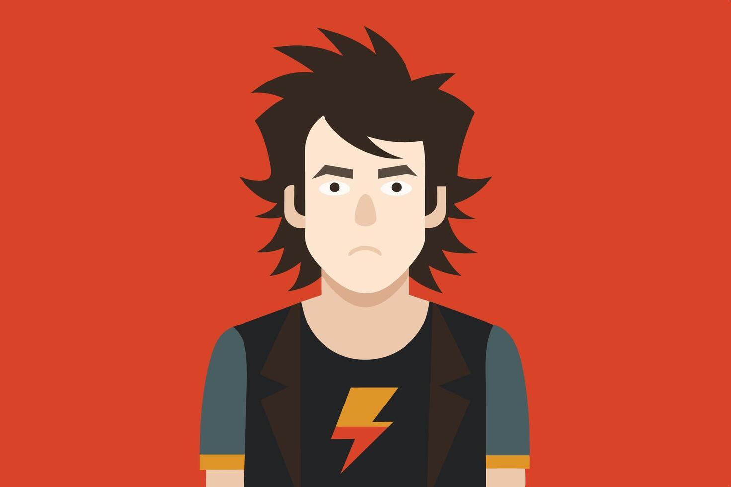 Young character in a lightning bolt shirt and spiky hair against a bright red backdrop, exuding bold energy in a modern illustration style vector