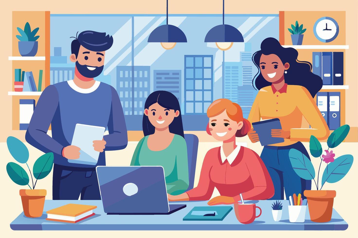 Team collaboration in a bright office environment with diverse colleagues brainstorming and working together on a project during daytime vector