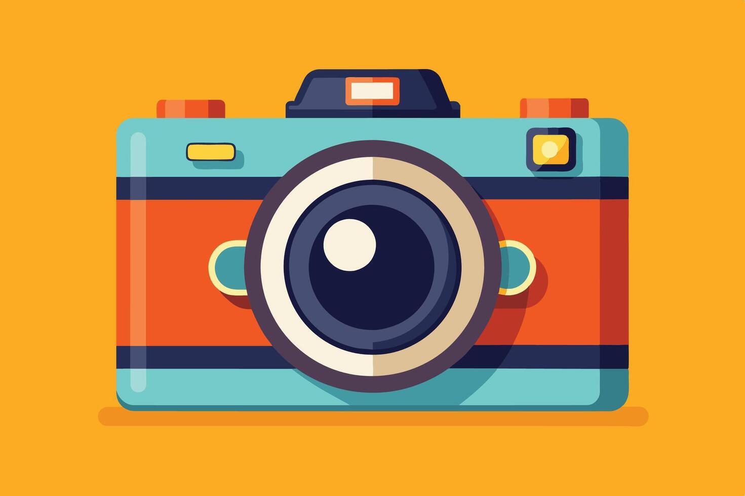 Colorful retro camera in a vibrant orange background showcasing classic design elements and details for photography enthusiasts and collectors vector