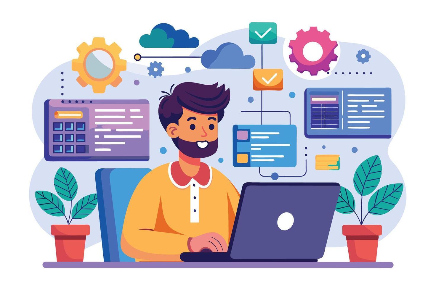 A person working on a laptop surrounded by digital elements, plants, and graphs in a modern workspace during the day vector