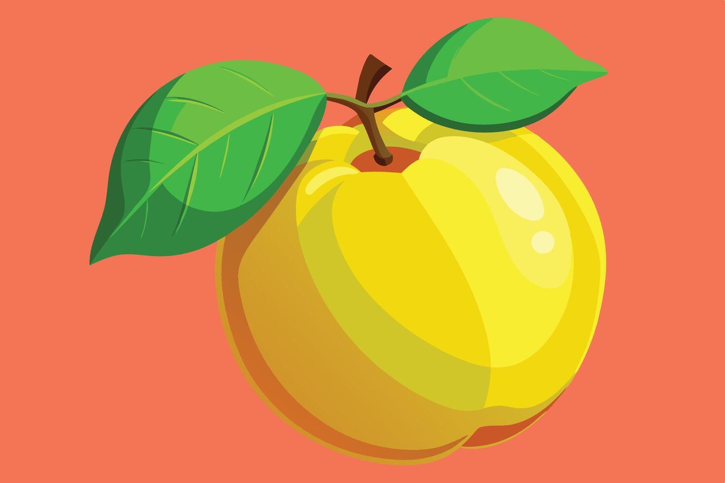 A bright yellow apricot hanging from a branch with lush green leaves against a vibrant background vector