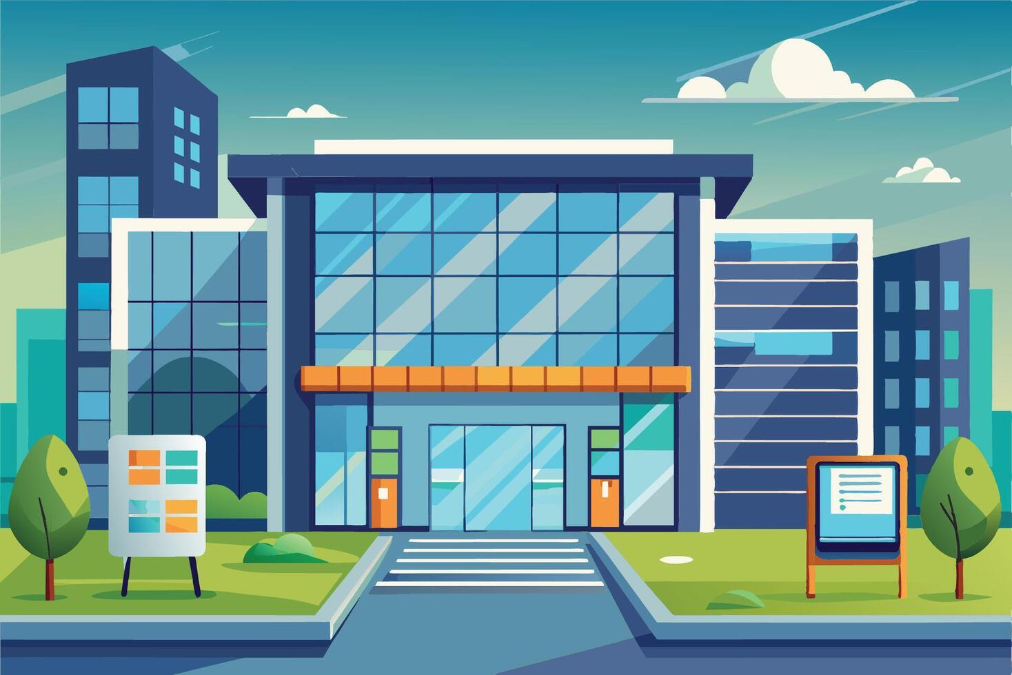 Modern architectural design of a commercial building in a busy urban area during daylight, showcasing green landscaping and large glass windows vector