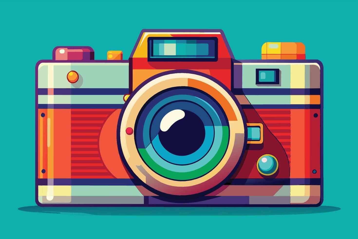 Colorful retro-style camera illustration featuring vibrant design elements against a turquoise background vector