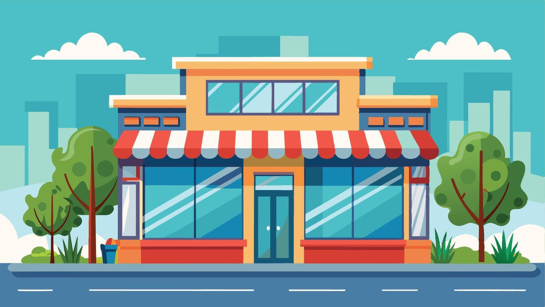 Charming storefront with large windows and striped awning on a sunny day in an urban setting surrounded by greenery vector