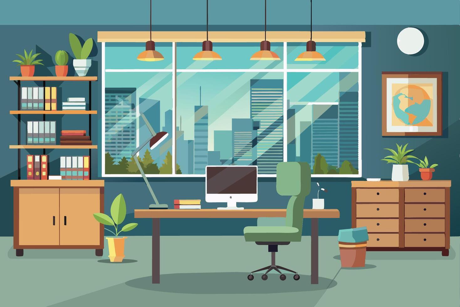 Modern workspace with large windows and city view, featuring plants, desk, and comfortable chair in a bright office environment vector
