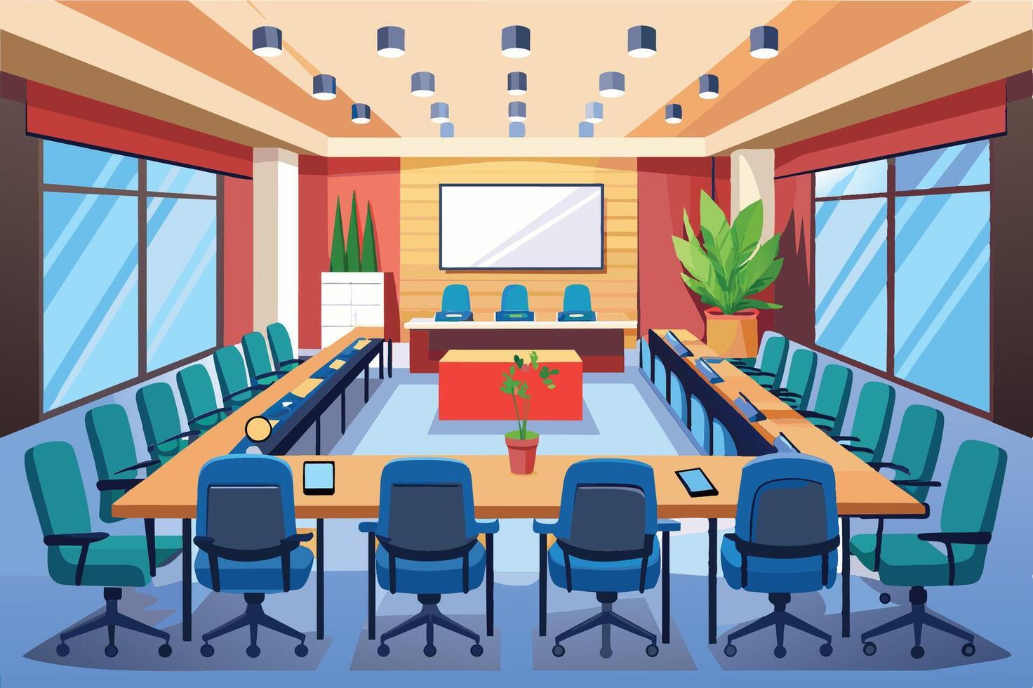 Modern conference room with large windows, green plants, and a central table designed for meetings and collaboration during daylight hours vector