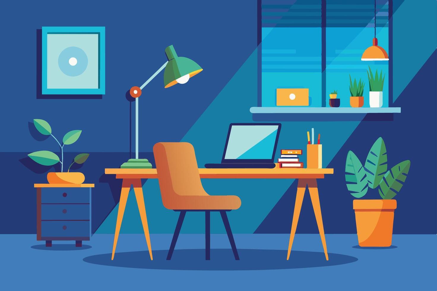 A cozy workspace featuring a desk with a laptop, plants, and a desk lamp in a modern interior design setting vector