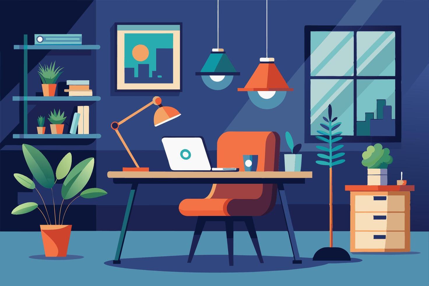 Modern home office setup with colorful decor, plants, and warm lighting in a cozy workspace during the evening vector
