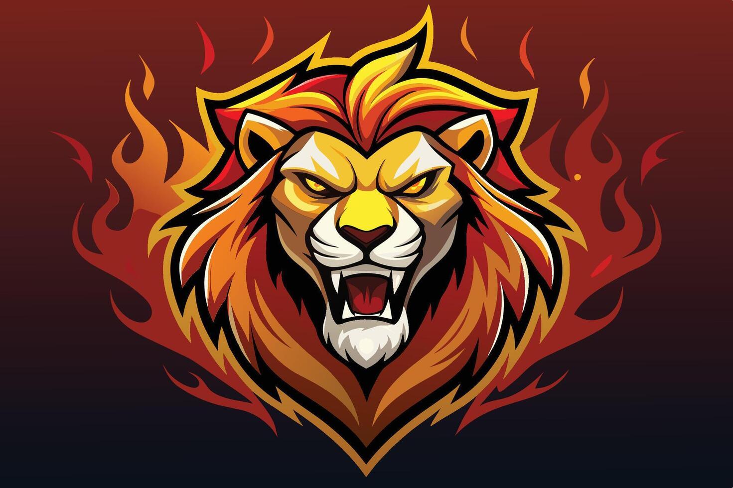 A fierce lion's head with flames surrounding it, showcasing power and intensity in vibrant colors and a modern design vector