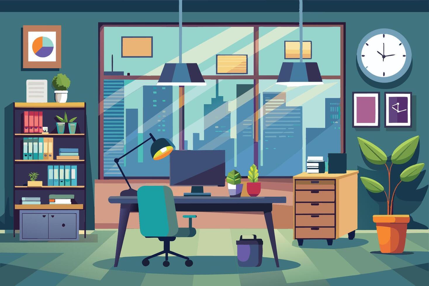 Modern office workspace with city view, plants, and organized furniture during daytime vector