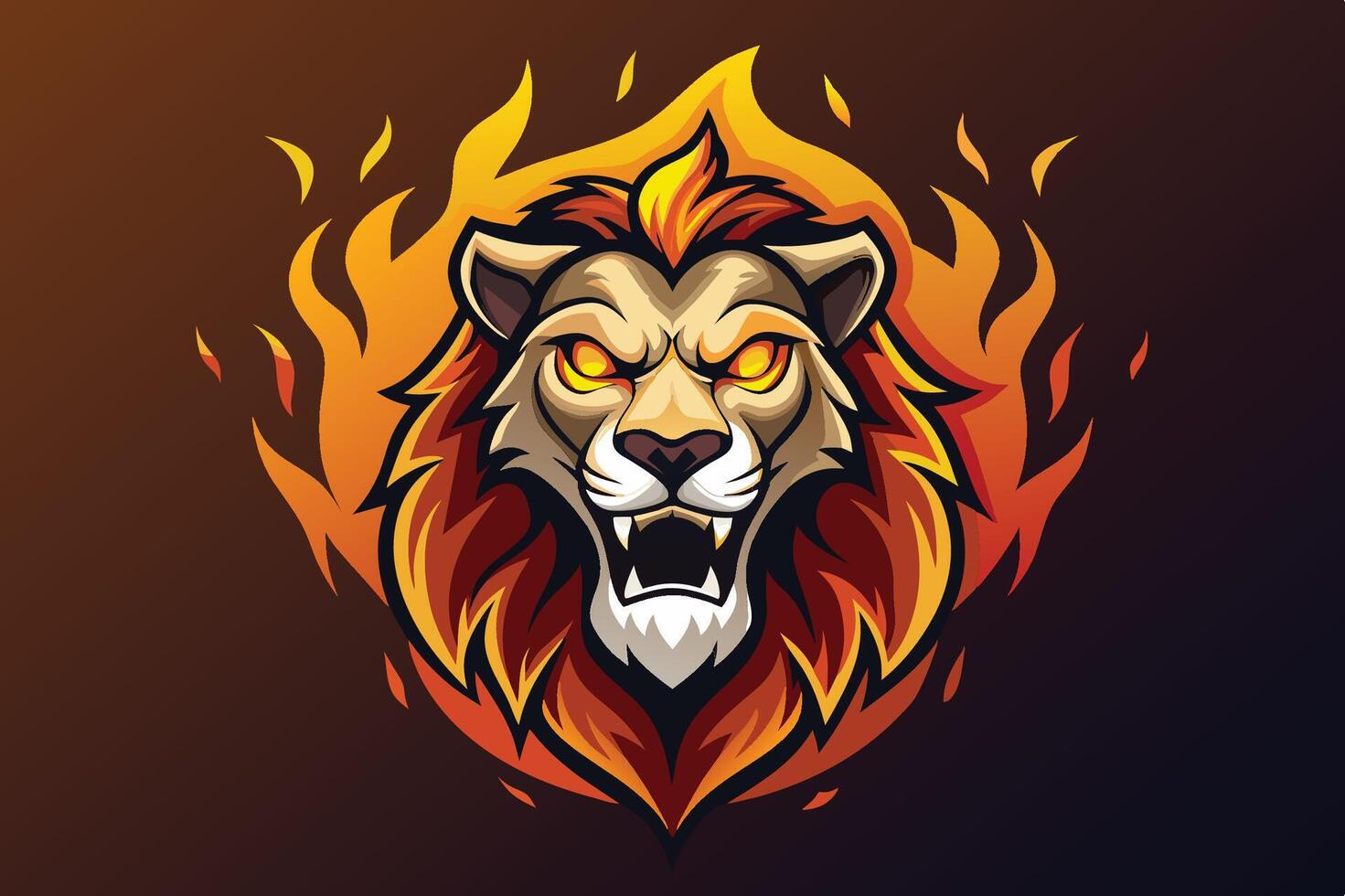 Fierce lion head surrounded by flames in a dynamic, stylized design inspired by wild animals and nature themes vector