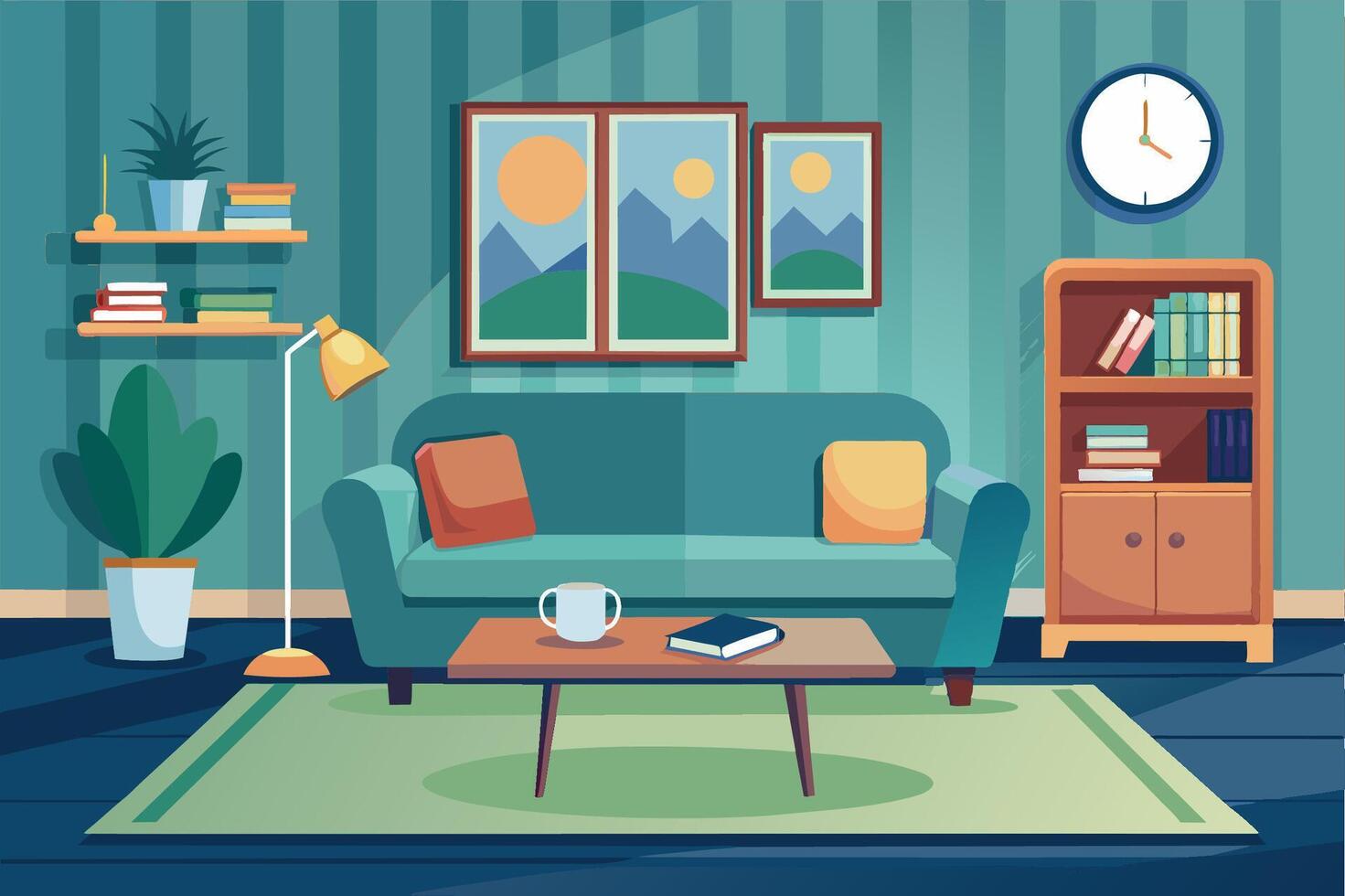 Cozy living room with green sofa, mountain art, and wooden furniture in a calm atmosphere during the day vector