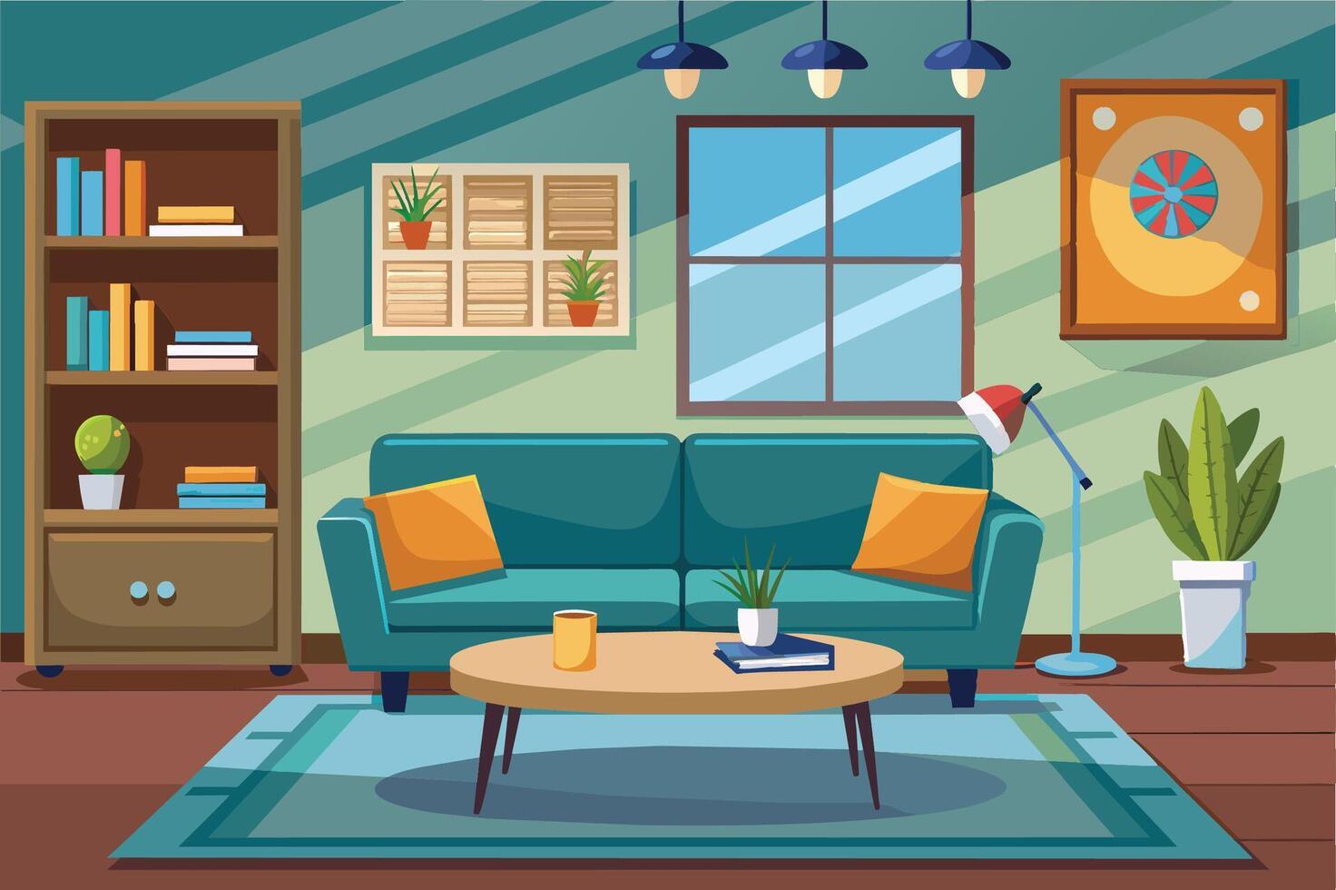 Modern living room with a teal couch, plants, and a lamp in a cozy setting during daytime vector