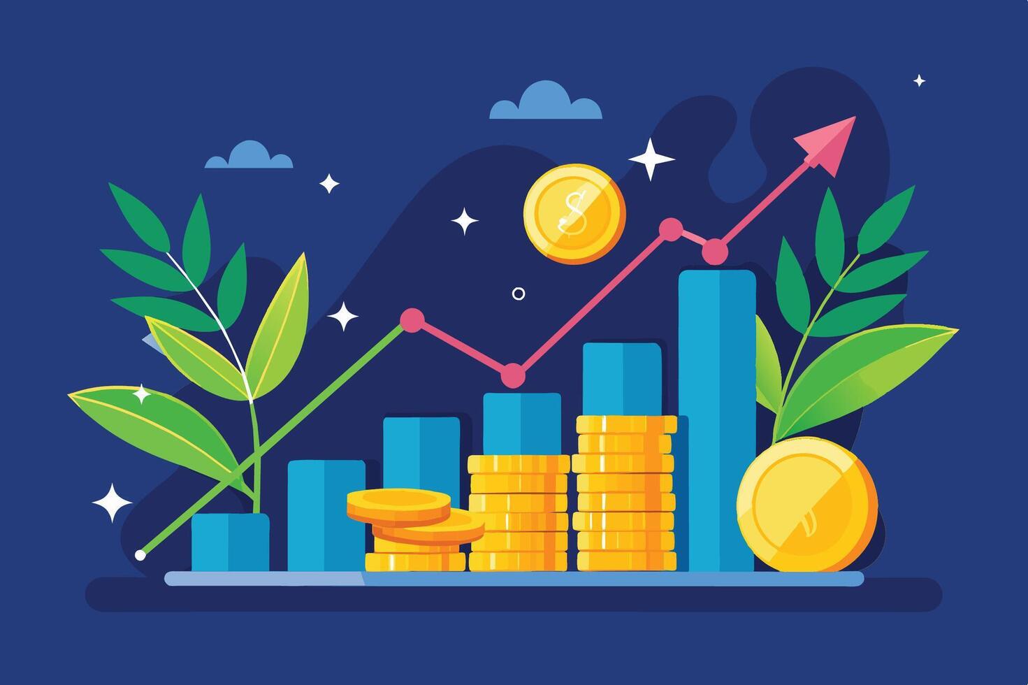 A vibrant depiction of financial growth showcasing stacked coins, a rising graph, and lush greenery against a deep blue background vector