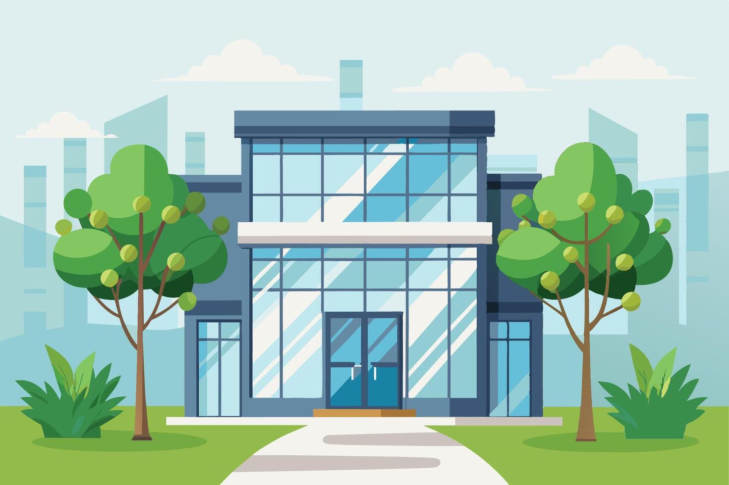 Modern building with large glass windows surrounded by green trees and bushes in a vibrant urban environment during the day vector