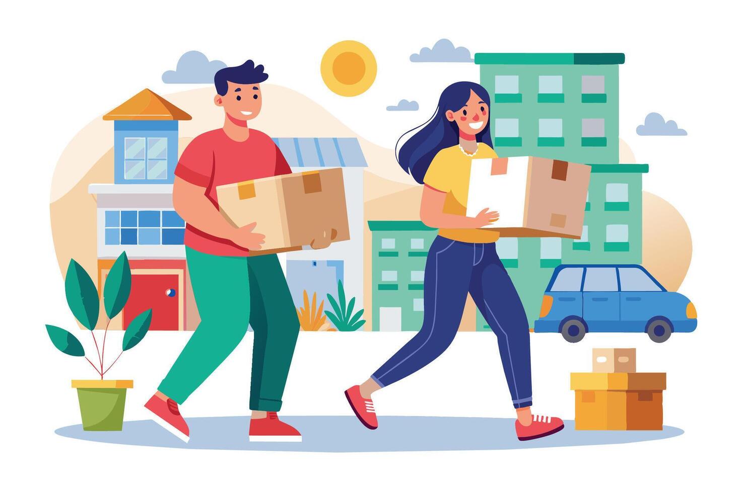 Two cheerful people carry boxes while moving into a new home with city buildings, a sunny sky, and potted plants in the background vector