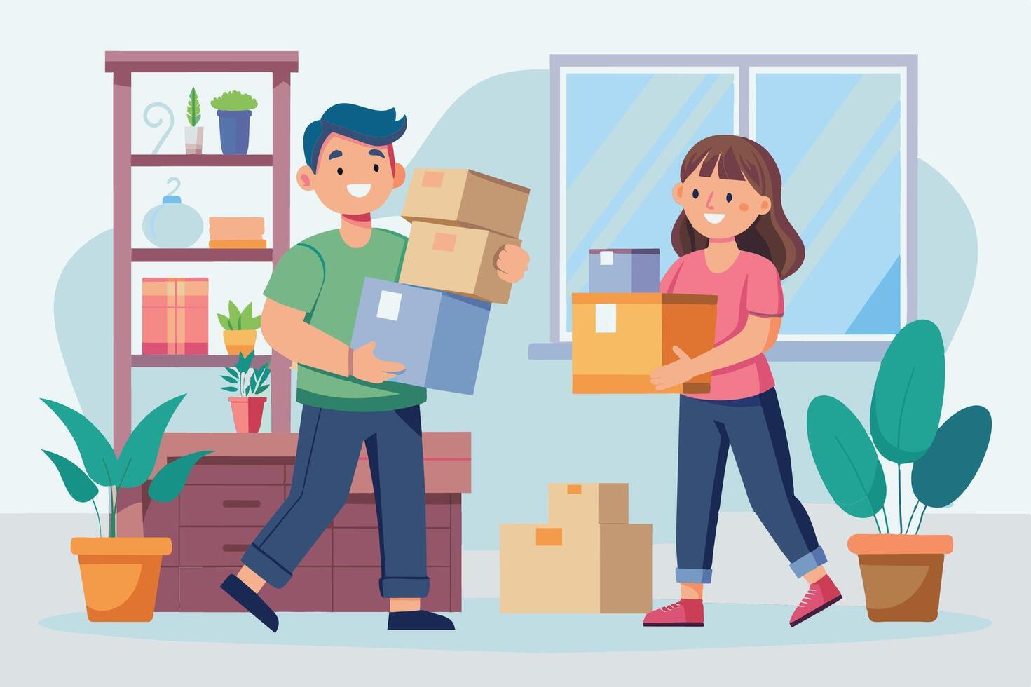 A couple moves into their new home, carrying boxes while organizing their living space on a bright afternoon vector