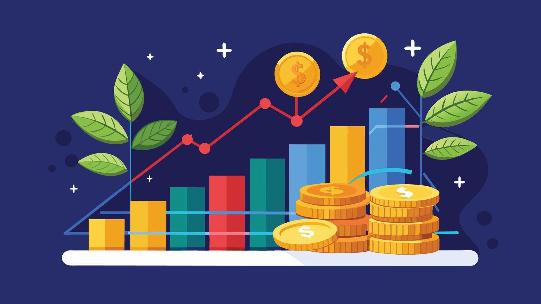 Stylized financial growth illustration featuring colorful bars, coins, and green leaves representing economic progress and sustainability vector