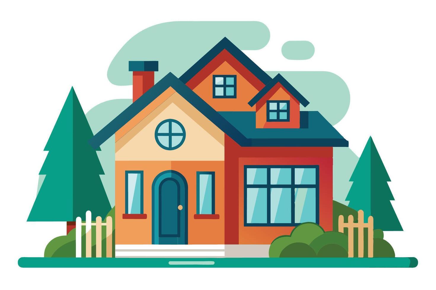 Colorful modern house illustration surrounded by trees and a picket fence, showcasing a welcoming atmosphere in a serene neighborhood setting vector