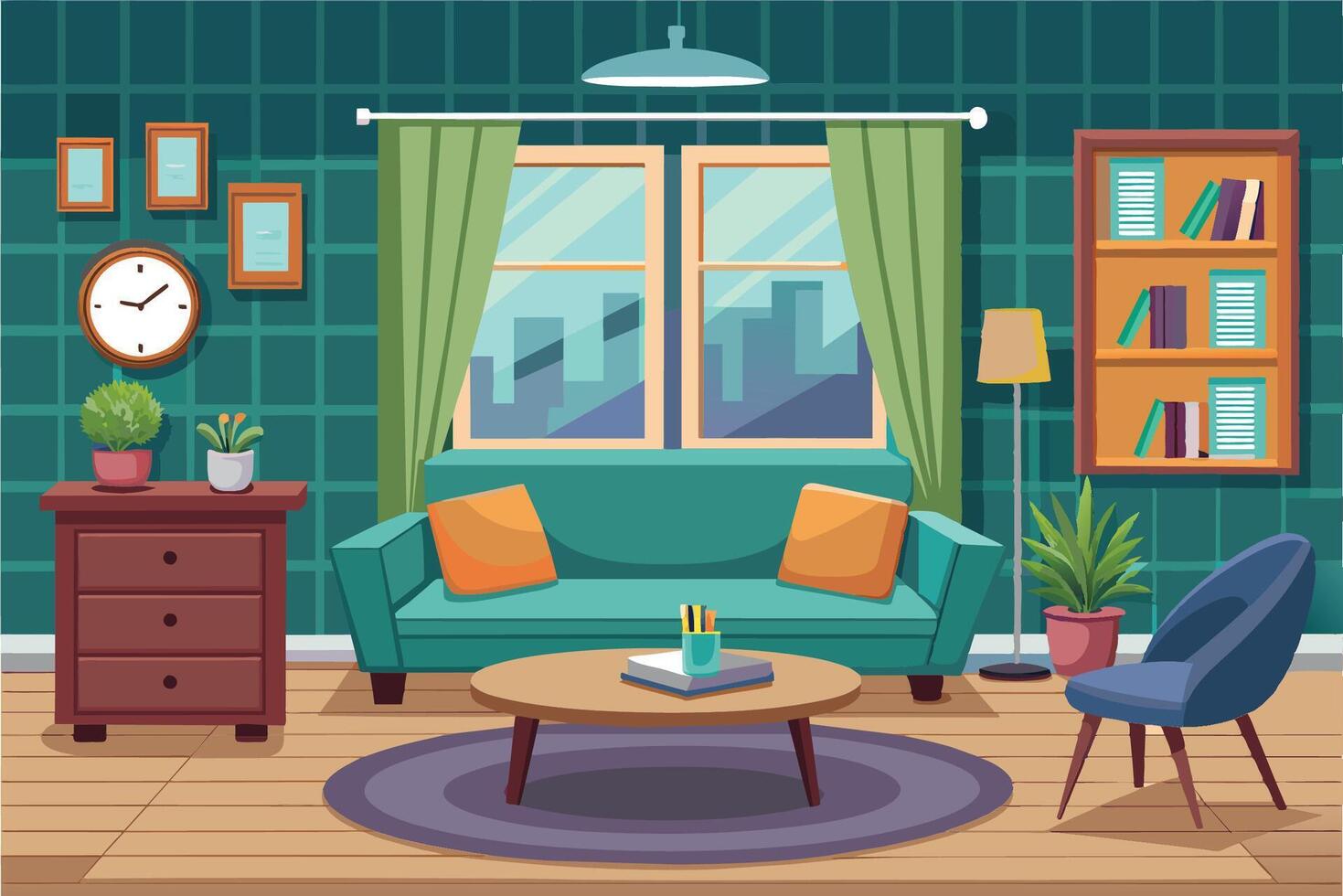 Cozy living room with green walls, modern furniture, and plants during daytime with natural light streaming through the windows vector