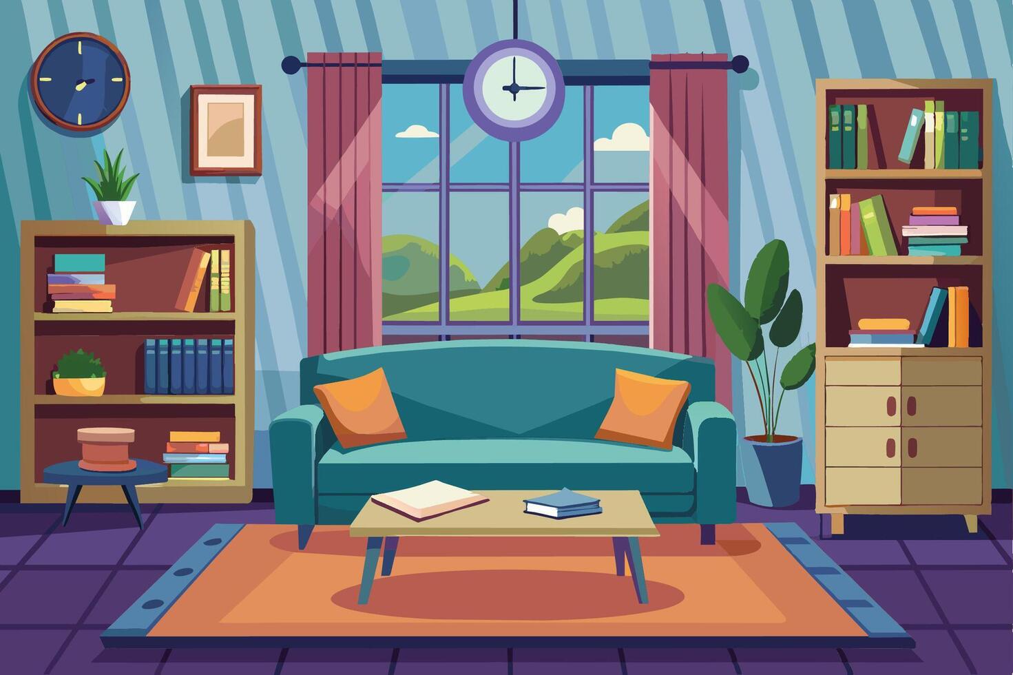 Cozy living room with a blue sofa, plants, and bookshelves, featuring scenic views of mountains through the window in bright daylight vector