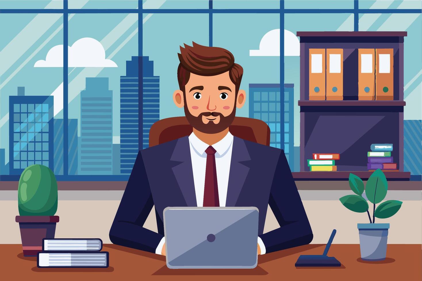 Business professional working at a desk with laptop and greenery in a modern office setting, city skyline visible through windows vector