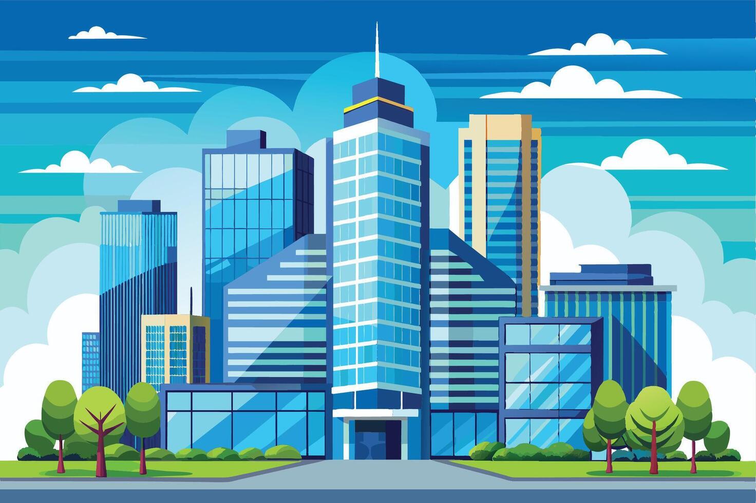 Modern city skyline with tall buildings and blue skies, featuring green trees and clouds during a bright day vector