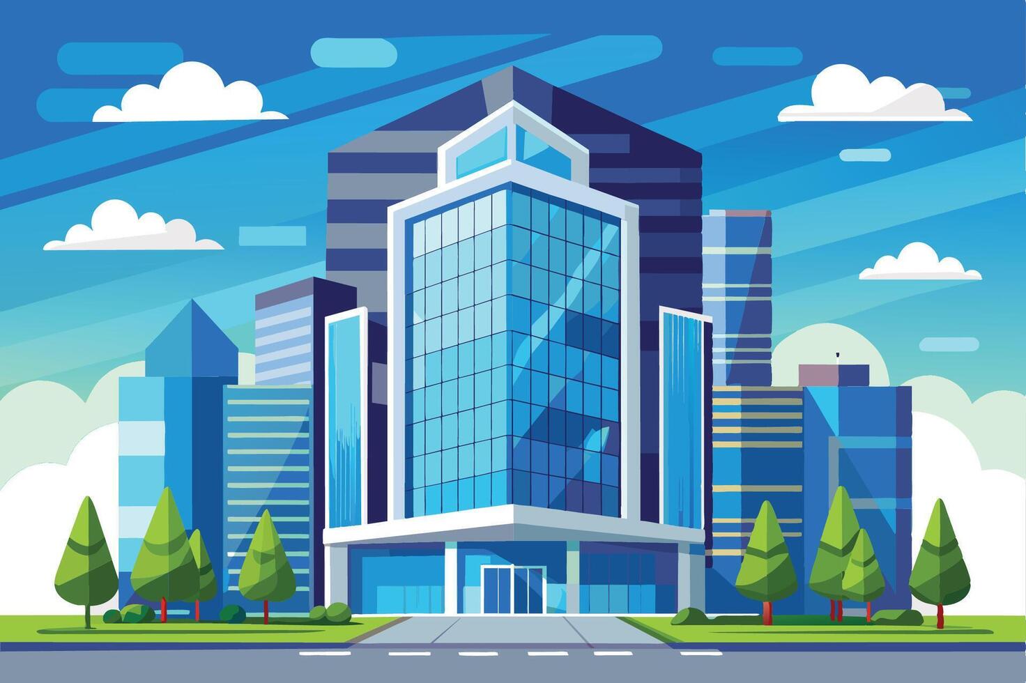 Modern cityscape featuring a striking glass building surrounded by skyscrapers and greenery on a sunny day vector