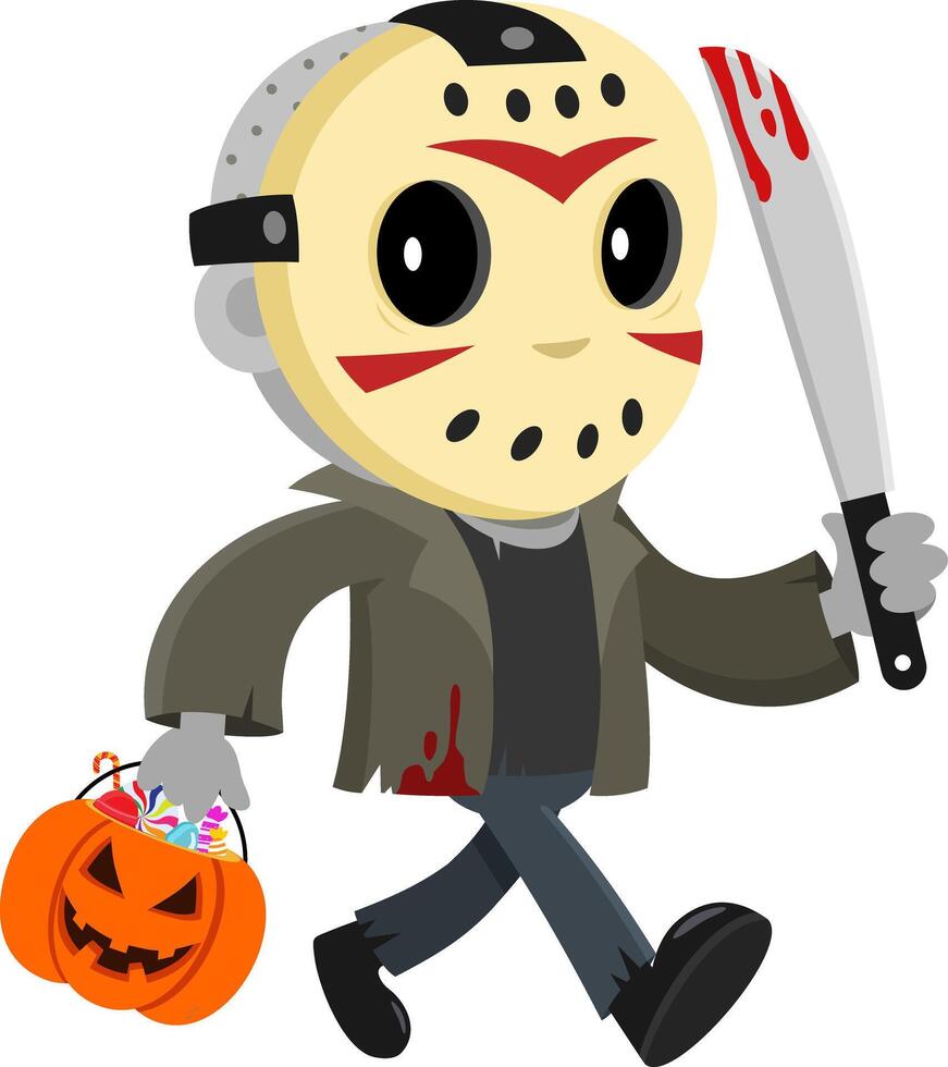 Cute Jason Murderer Cartoon Character Walking With Pumpkin Candy Basket And Holding A Bloody Machete vector