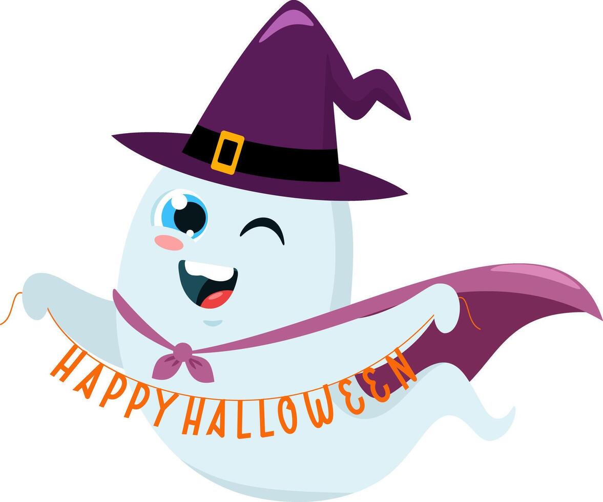 Cute Halloween Ghost Cartoon Character Flying With A Witch Hat And Sign Happy Halloween vector