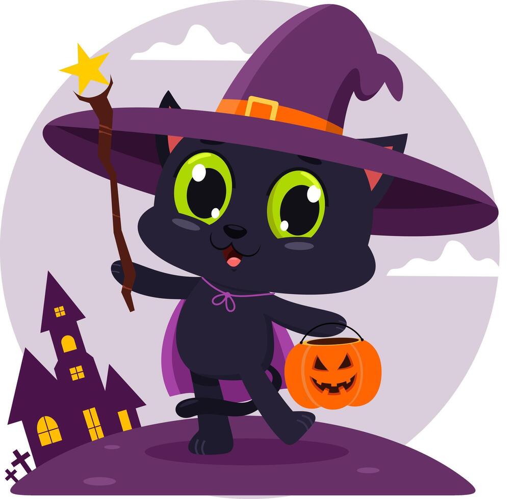 Cute Halloween Witch Black Cat Cartoon Character With Magic Wand And Pumpkin Bag vector