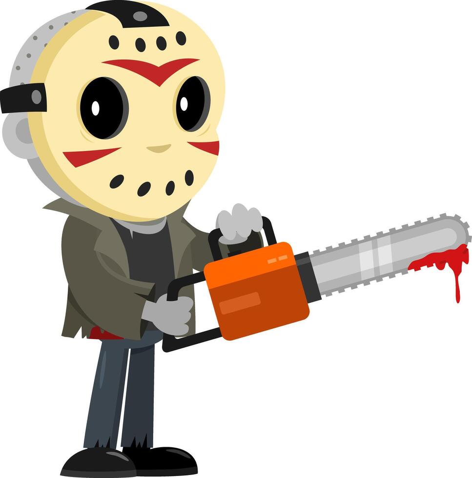 Cute Jason Murderer Cartoon Character Holding A Bloody Chainsaw vector