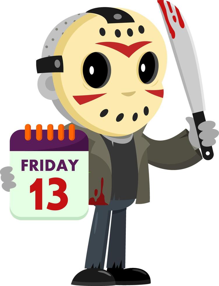 Cute Jason Murderer Cartoon Character Showing Calendar Friday The 13Th And Holding A Bloody Machete vector