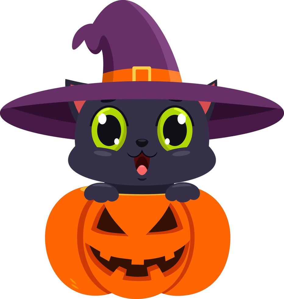 Cute Halloween Witch Black Cat Cartoon Character In Pumpkin vector