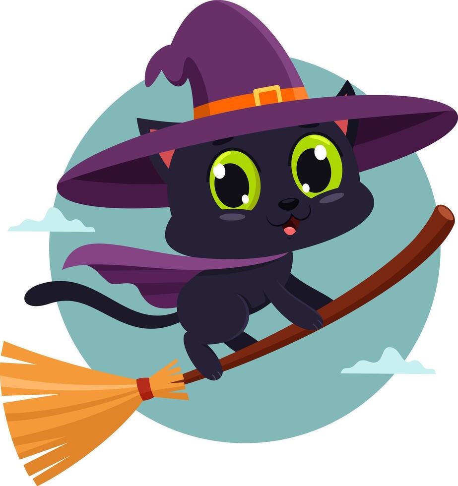 Cute Halloween Witch Black Cat Cartoon Character Flying On A Broom Stick vector