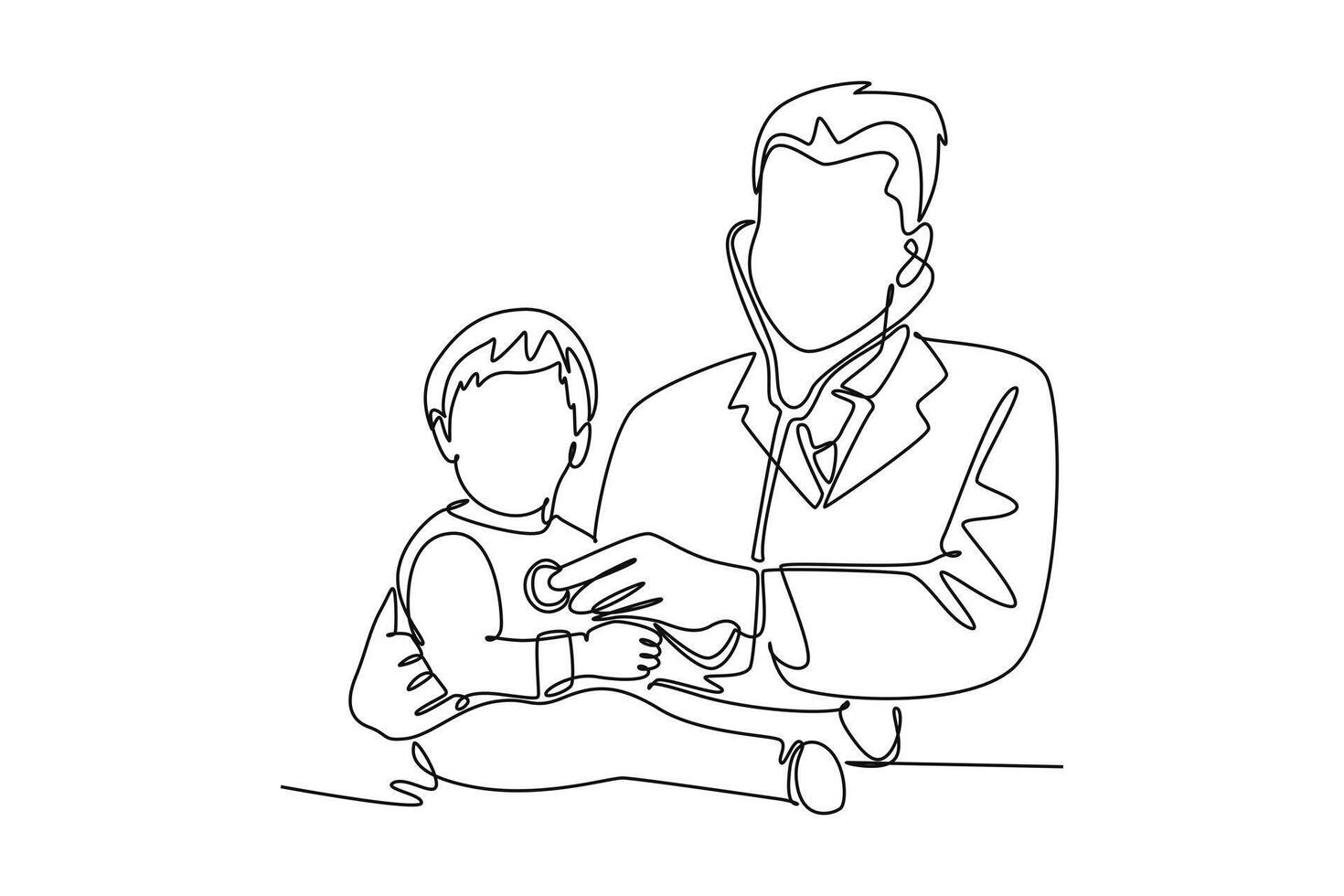 Continuous one line drawing male pediatric doctor examining heart beat of cute toddler boy patient with stethoscope. Medical health care treatment. Single line draw design graphic illustration vector