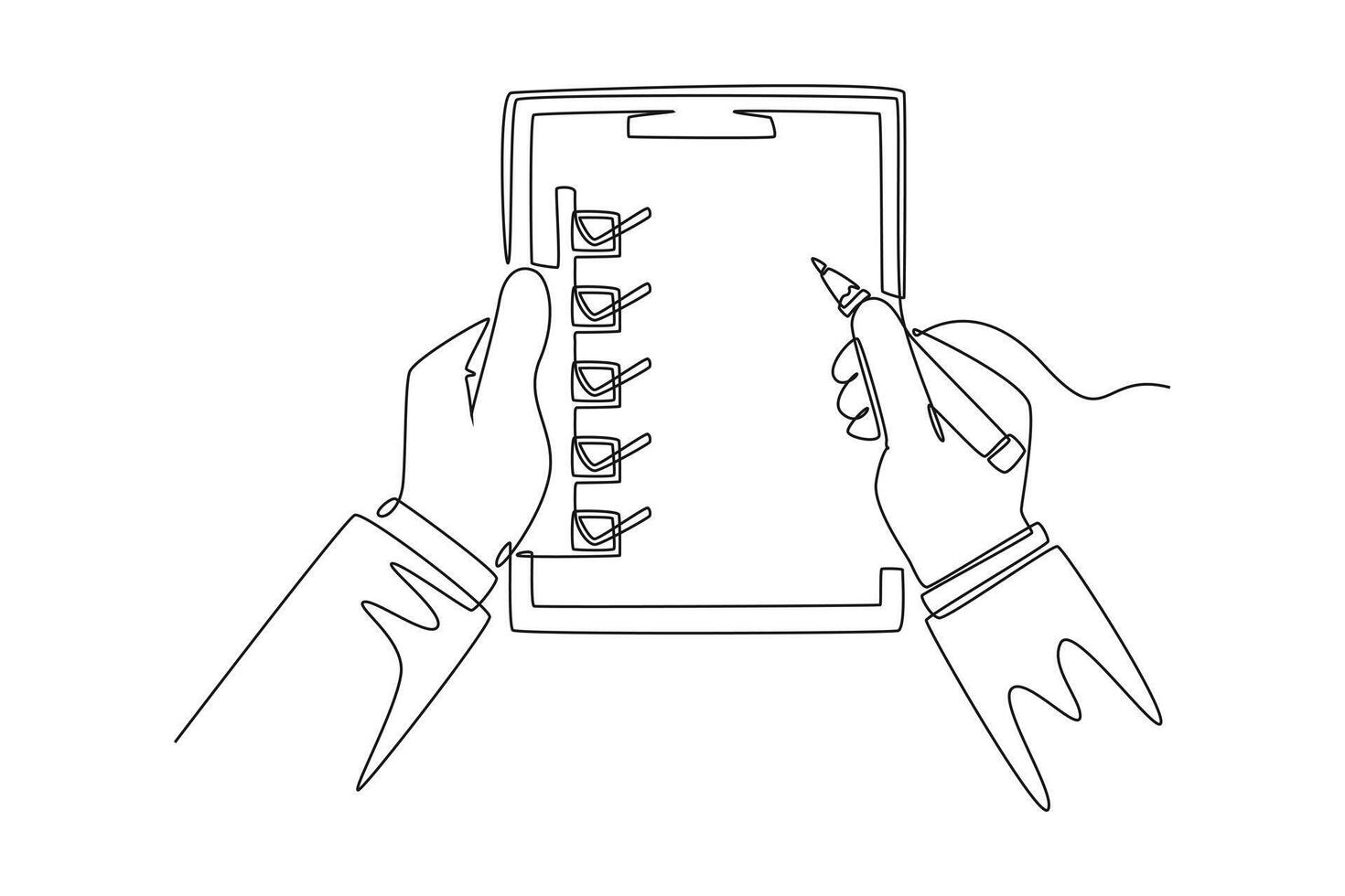 Single one line drawing doctor hand with clipboard and pen. Doctor takes notes in clipboard. Medical report. Patient care check list template. Continuous line draw design graphic illustration vector