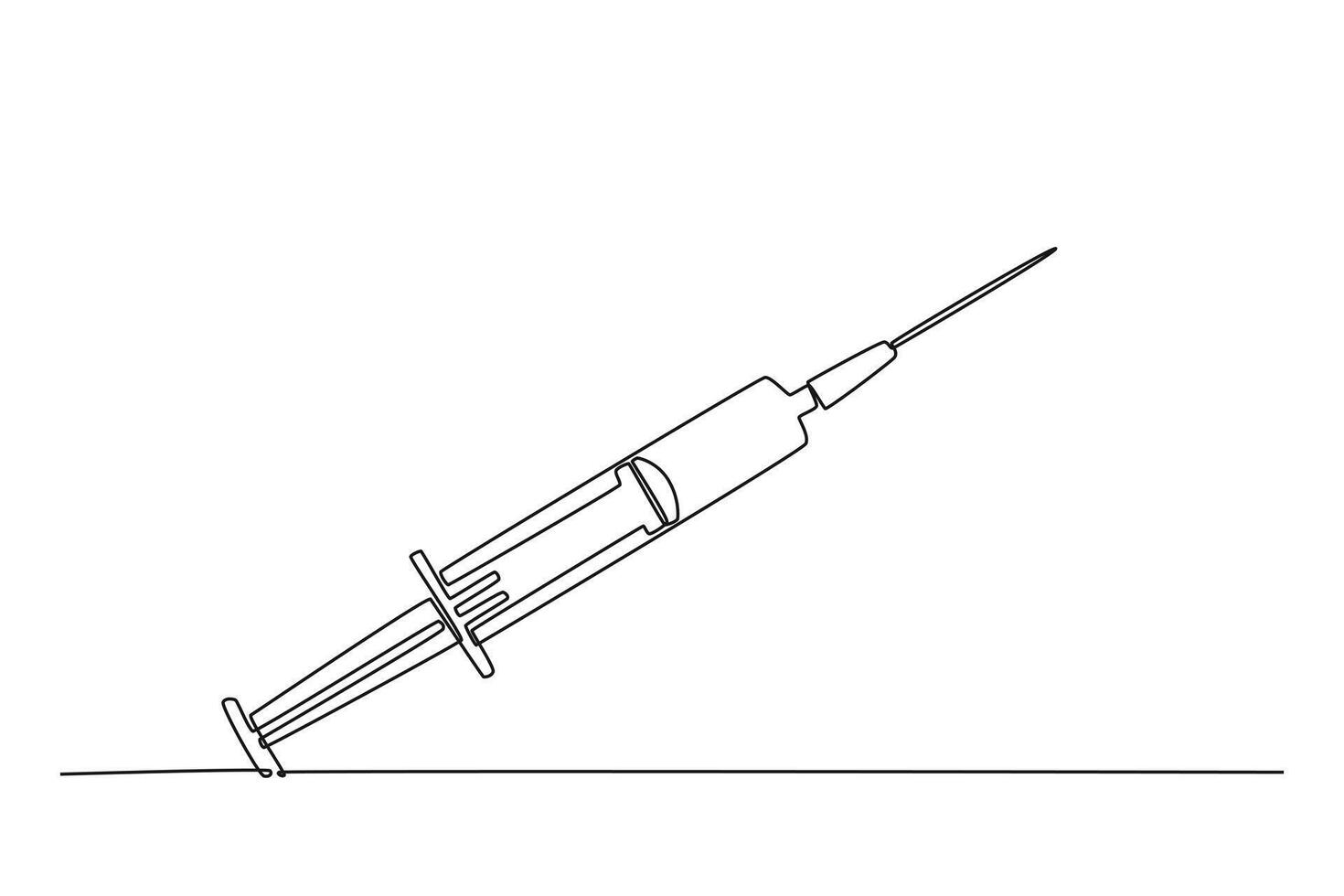 Continuous one line drawing medical disposable syringe with needle. Applicable for vaccine injection, vaccination logo. Plastic syringe with needle. Single line draw design graphic illustration vector