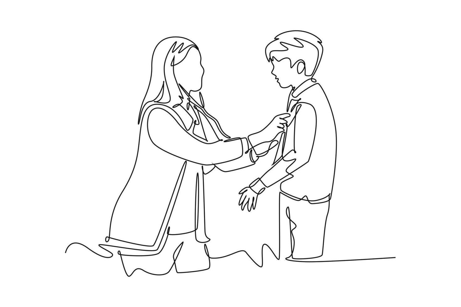Continuous one line drawing of female pediatric doctor examining heart beat of little boy patient with stethoscope. Medical health care treatment. Single line draw design graphic illustration vector