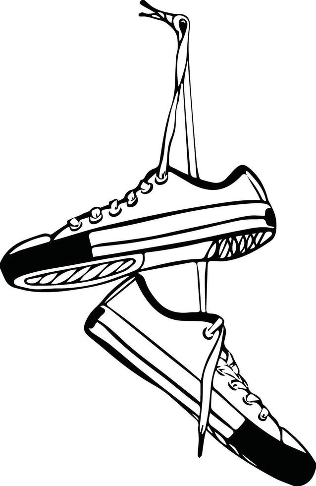 Shoes sneaker outline drawing Sneakers drawn in a sketch style, black line Illustration vector