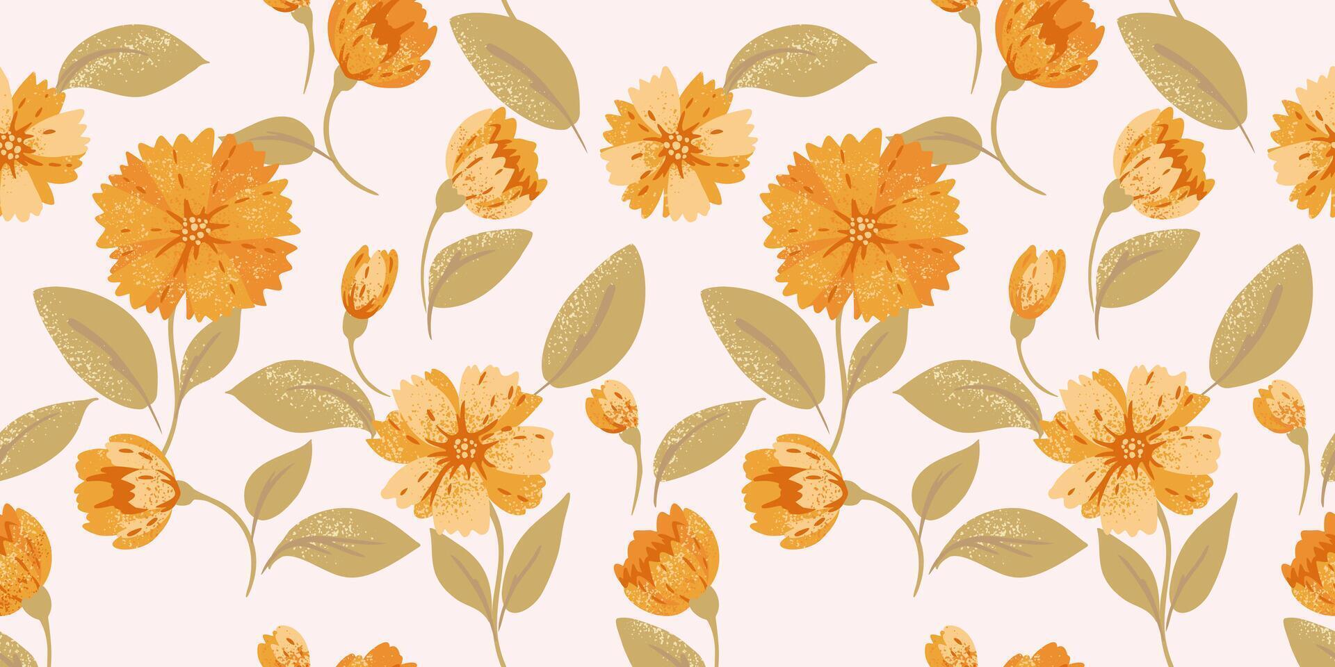 Abstract unique yellow flowers and leaves seamless pattern on a light background. hand drawn large cute floral print. Ornament for designs, children textiles, notebook cover vector