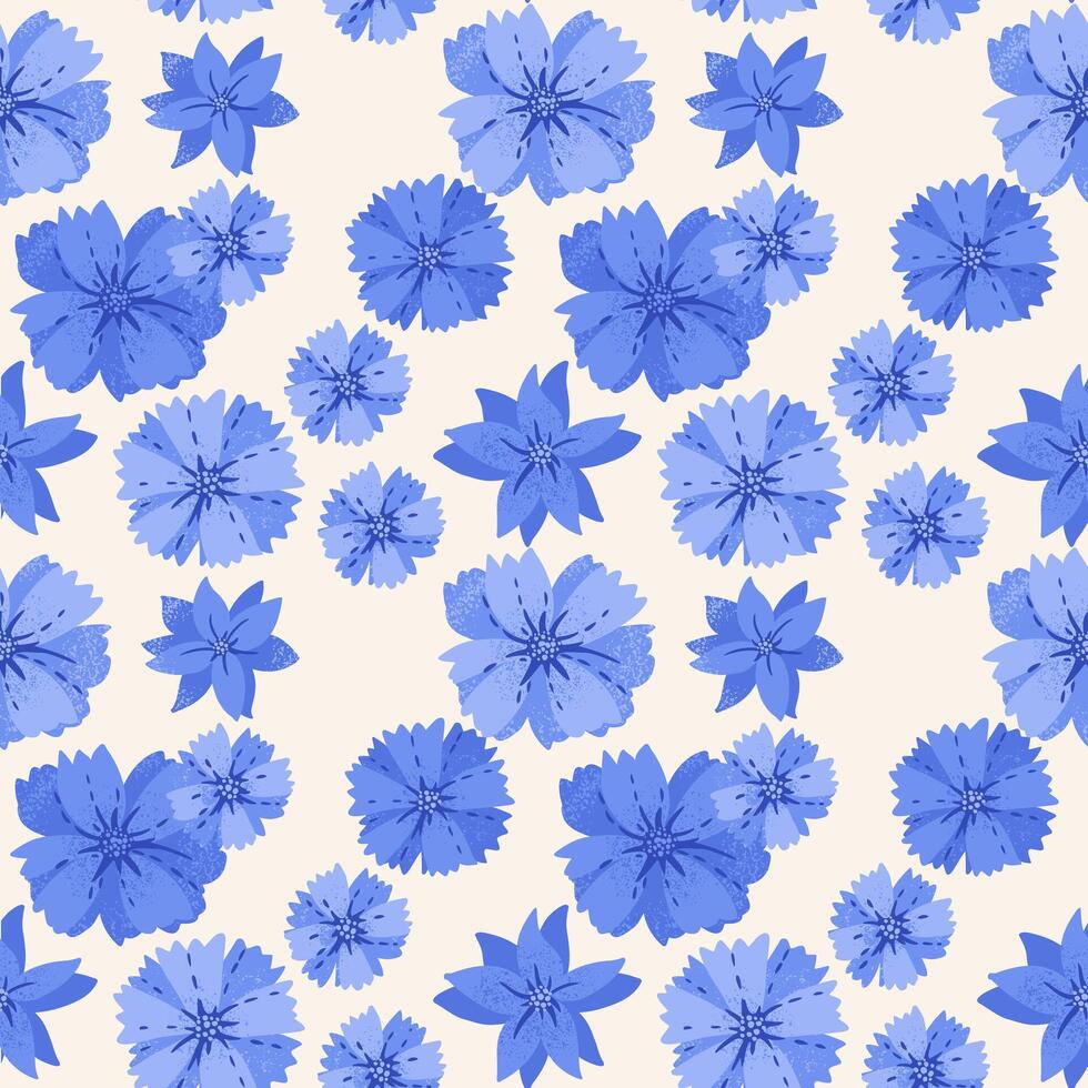 Blue large floral seamless pattern. Hand drawn Abstract stylized daisy flowers print. Contemporary ornament for designs, fabric, textiles vector