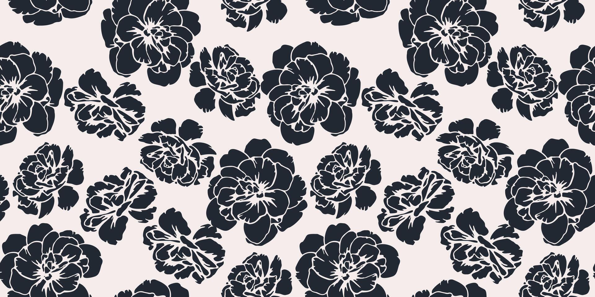 Plain seamless pattern with abstract shapes buttercups, pansies. Bi color contour silhouettes flowers print. hand drawn. Black and white nature ornament for designs vector