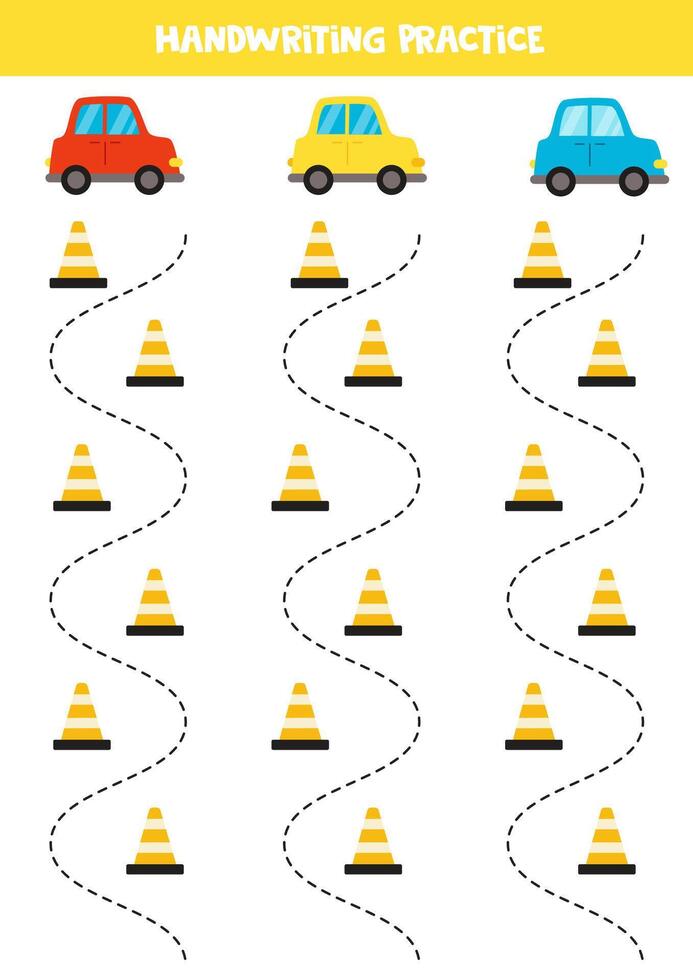 Tracing lines for kids. Cartoon colourful cars and traffic cones. Handwriting practice for children. vector