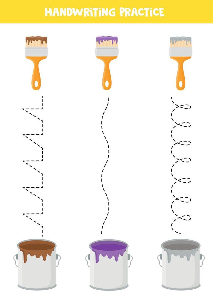 Tracing lines for kids. Cartoon paint cans and paint brushes. Handwriting practice for children. vector